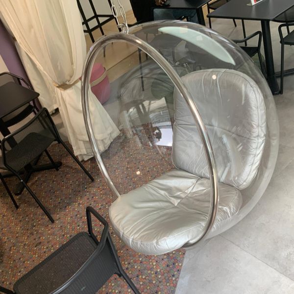 Bulle suspendu bubble chair plastique / cuir transparent/gris